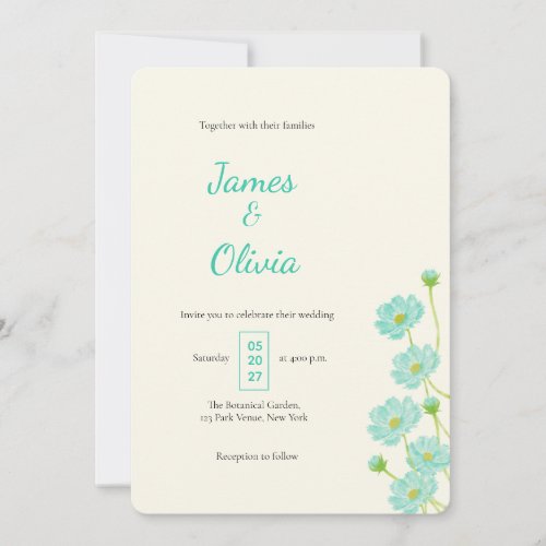 Elegant Teal Blue Watercolor Floral Spring Invitation