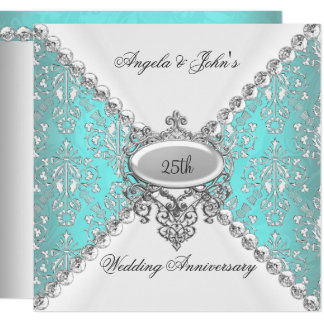 Elegant Teal Blue White 25th Wedding Anniversary Card