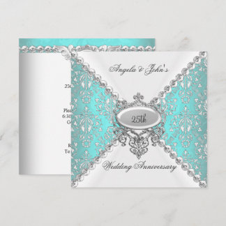 Elegant Teal Blue White 25th Wedding Anniversary Invitation