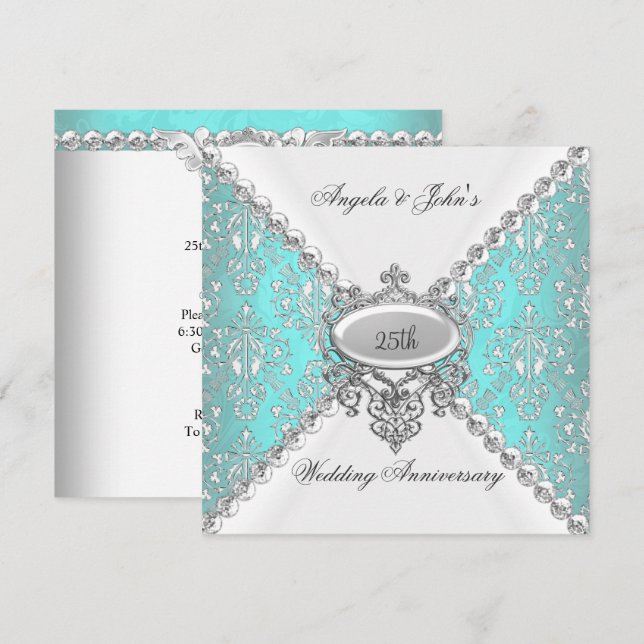 Elegant Teal Blue White 25th Wedding Anniversary Invitation (Front/Back)