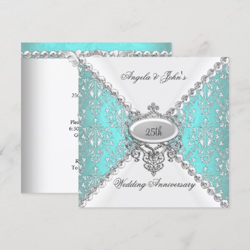 Elegant Teal Blue White 25th Wedding Anniversary Personalized Invitation