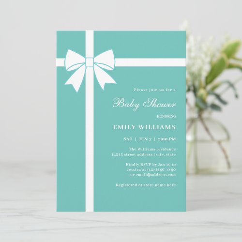 Elegant Teal Blue  White Ribbon Bow Baby Shower Invitation