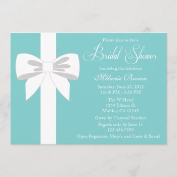 Elegant Teal Blue White Ribbon Bridal Shower Invitation by InvitationBlvd at Zazzle