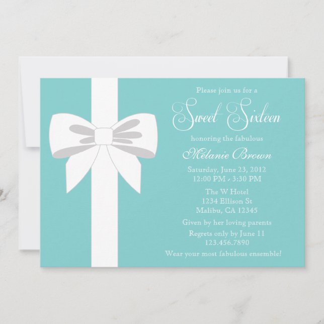 Elegant Teal Blue White Ribbon Sweet Sixteen Invitation (Front)