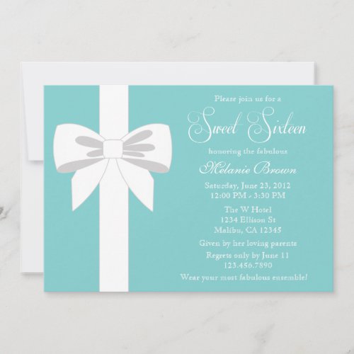 Elegant Teal Blue White Ribbon Sweet Sixteen Card
