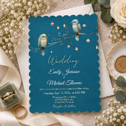Elegant Teal Blue Woodland Birds Gold Wedding Invitation