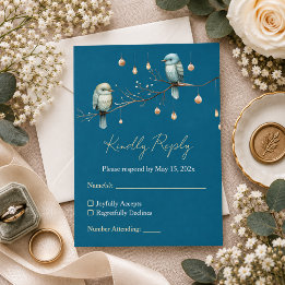 Elegant Teal Blue Woodland Birds Gold Wedding RSVP Card