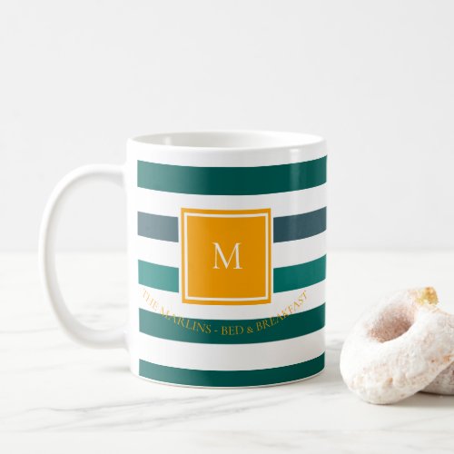 Elegant Teal Blues White Striped Monogram B  B Co Coffee Mug