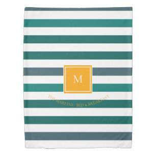 Elegant Teal Blues White Striped Monogram B & B Duvet Cover