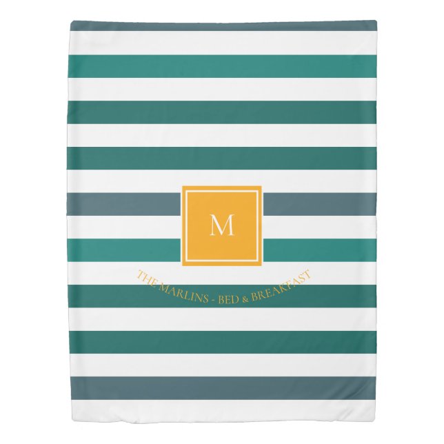 Elegant Teal Blues White Striped Monogram B & B Duvet Cover (Front)
