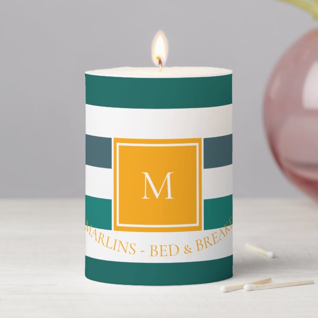 Elegant Teal Blues White Striped Monogram B & B Pillar Candle (In Situ)
