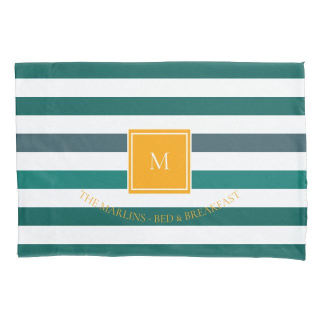 Elegant Teal Blues White Striped Monogram B & B Pillow Case (Front)