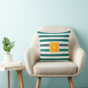 Elegant Teal Blues White Striped Monogram B & B Throw Pillow