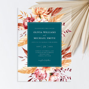 Elegant Teal Boho Chic Floral Wedding Acrylic Invitations