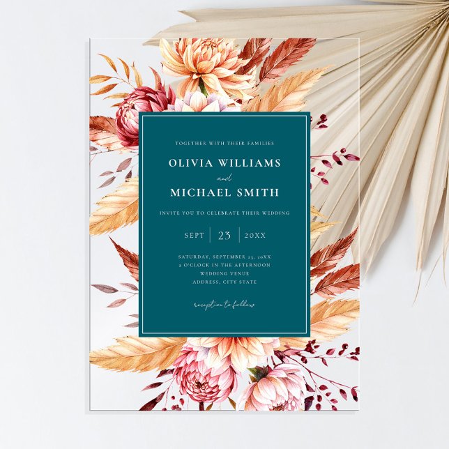 Elegant Teal Boho Chic Floral Wedding Acrylic Invitations (Creator Uploaded)