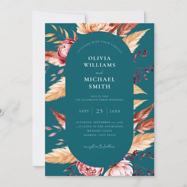 Elegant Teal Boho Chic Floral Wedding Invitation (Front)