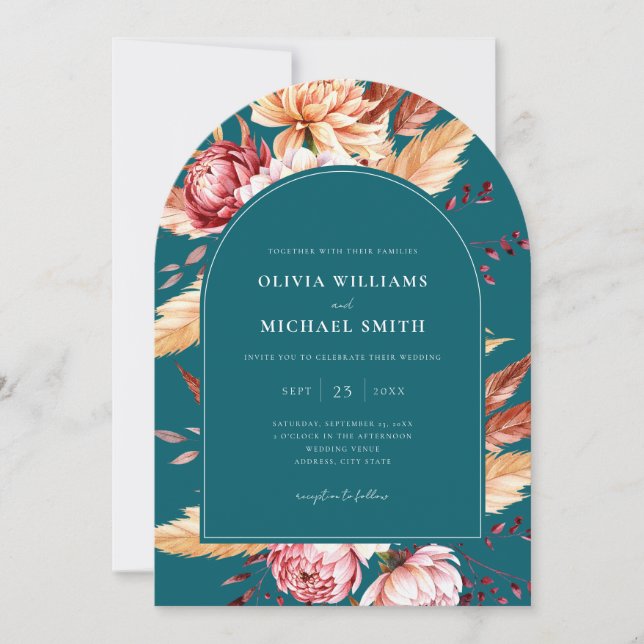 Elegant Teal Boho Chic Floral Wedding Invitation (Front)