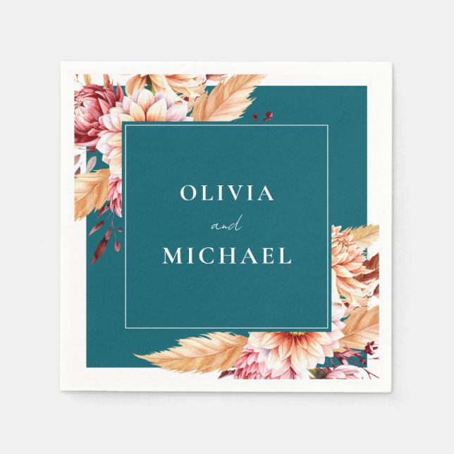Elegant Teal Boho Chic Floral Wedding Napkins (Front)