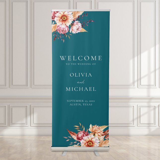 Elegant Teal Boho Chic Floral Wedding Welcome Retractable Banner (Creator Uploaded)