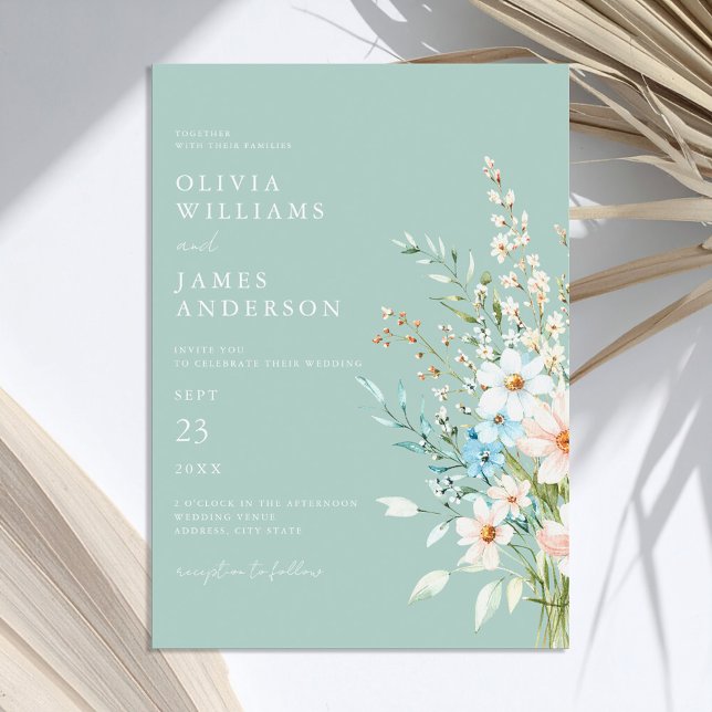 Elegant Teal Boho Chic Wildflower Floral Wedding  Invitation (Creator Uploaded)