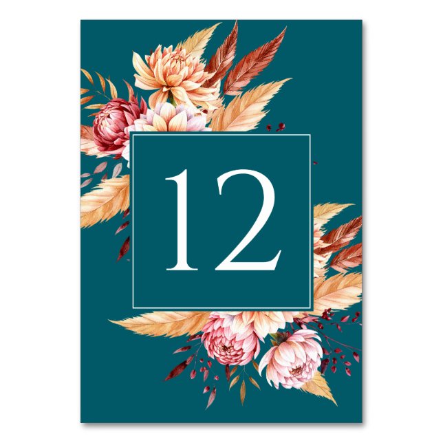 Elegant Teal Boho Floral Wedding Table Number (Front)