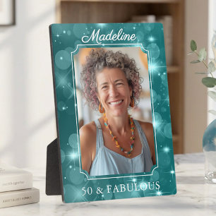 Elegant Teal Bokeh Sparkle 50 & Fabulous Photo Plaque