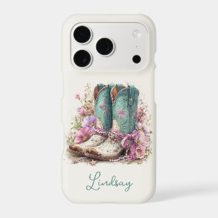 Elegant Teal Boots with Flowers Monogrammed iPhone 17 Pro Case