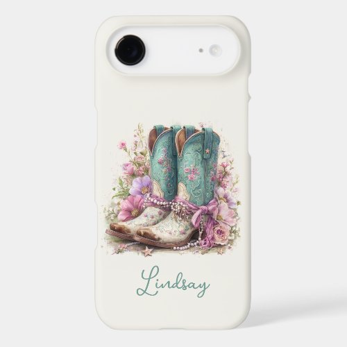 Elegant Teal Boots with Flowers Monogrammed iPhone 17 Air Case