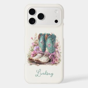Elegant Teal Boots with Flowers Monogrammed iPhone 17 Pro Max Case
