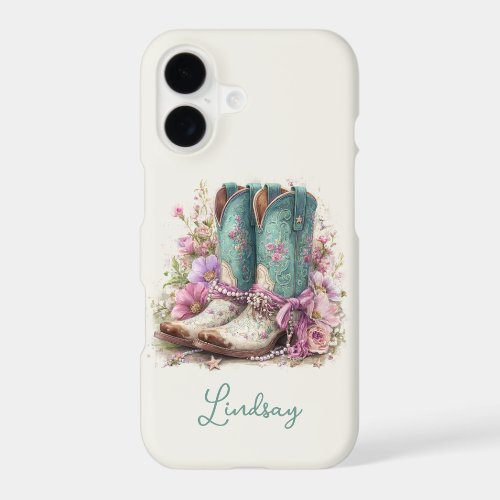 Elegant Teal Boots with Flowers Monogrammed iPhone 17 Case