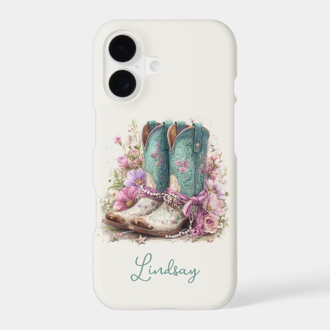 Elegant Teal Boots with Flowers Monogrammed Case-Mate iPhone Case (Back)