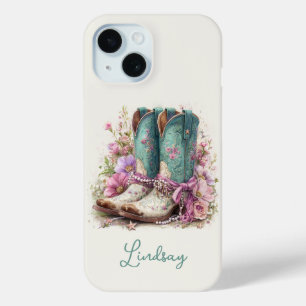 Elegant Teal Boots with Flowers Monogrammed iPhone 15 Case