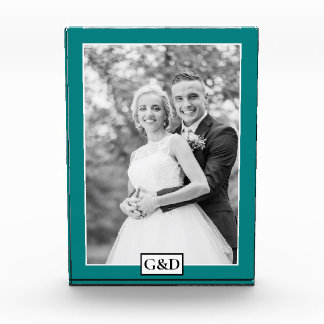 Elegant teal border and initials wedding photo block