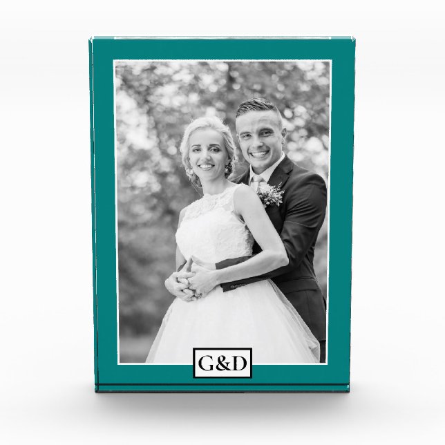 Elegant teal border and initials wedding photo block (Front)