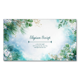 Elegant Teal Botanical Gold Sparkle Watercolor Business Card Magnet