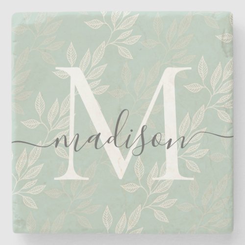 Elegant Teal Botanical Leaves Monogram Script Name Stone Coaster