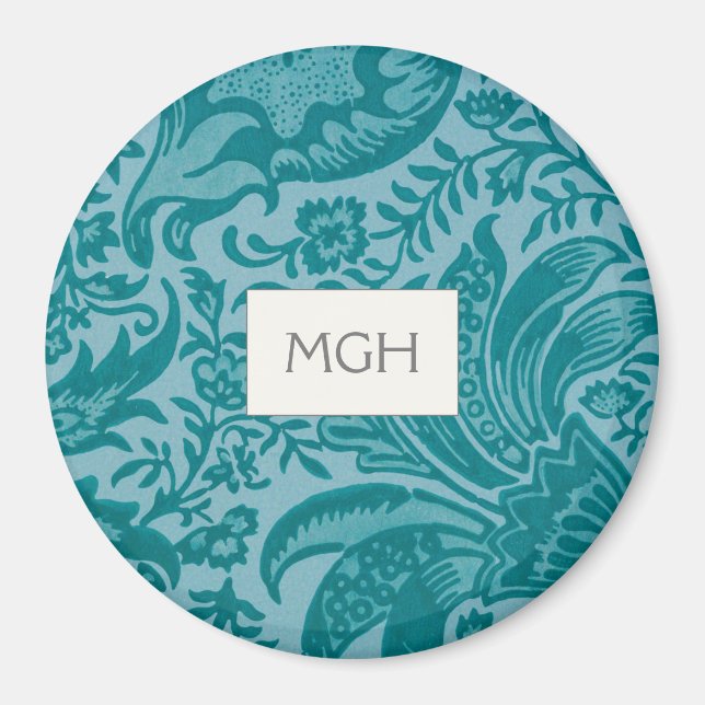 Elegant Teal Botanical Pattern Monogram Magnet (Front)