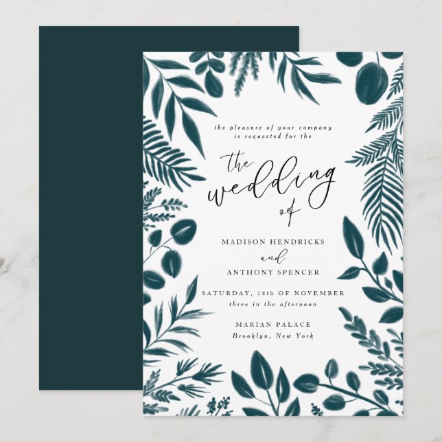 Elegant Teal Botanical Wedding Invitation (Front/Back)