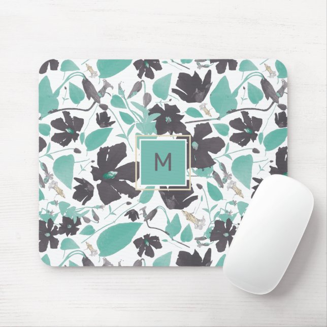 Elegant Teal Brown Floral Pattern With Initial Mouse Pad (With Mouse)