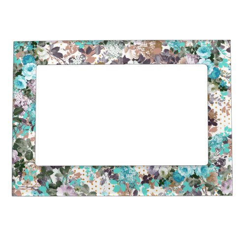 Elegant Teal Brown Roses Vintage Polka Dots Magnetic Picture Frame