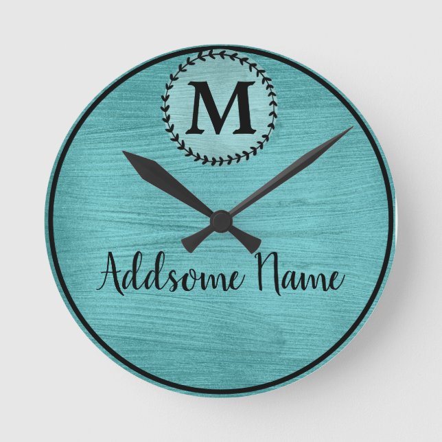 Elegant Teal Brushed Metal Black  monogrammed chic Round Clock (Front)