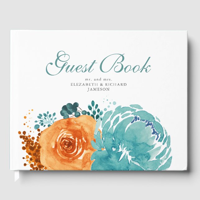 Elegant Teal Burnt Orange Fall Floral Wedding Guest Book (Front)