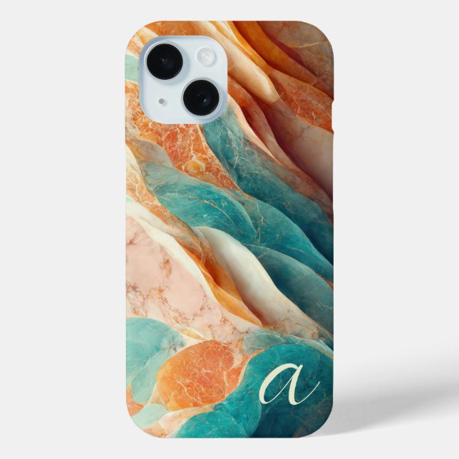 Elegant Teal Burnt Umber Marble Monogrammed Luxury Case-Mate iPhone Case (Back)