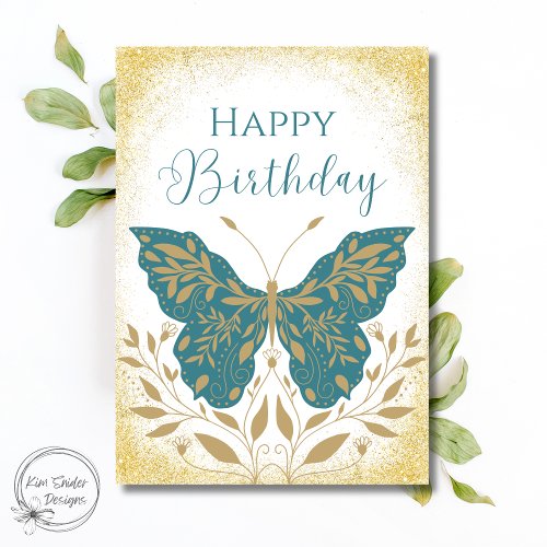 Elegant Teal Butterfly Botanical Happy Birthday Card