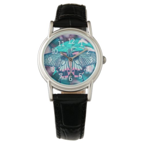 Elegant Teal Butterfly Close_up  Womens Watch