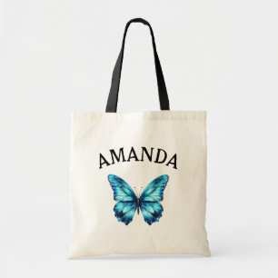 Elegant Teal Butterfly Curved Name Girly Tote Bag
