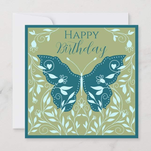 Elegant Teal Butterfly With Vines Happy Birthday   Note Card (Front)