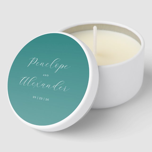 Elegant Teal Calligraphy Mini Candle Favors (Corner)