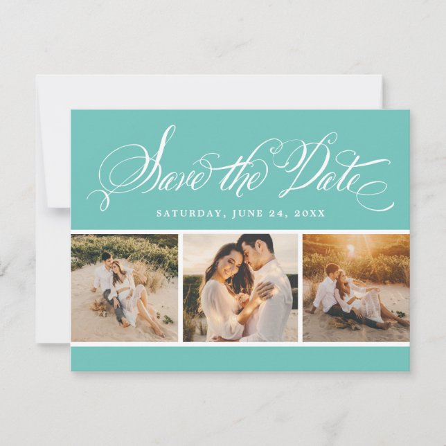 Elegant Teal Calligraphy Three Photo Wedding Save The Date (Front)