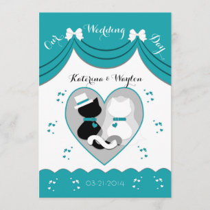 Elegant Teal Cat Wedding Couple Invitations